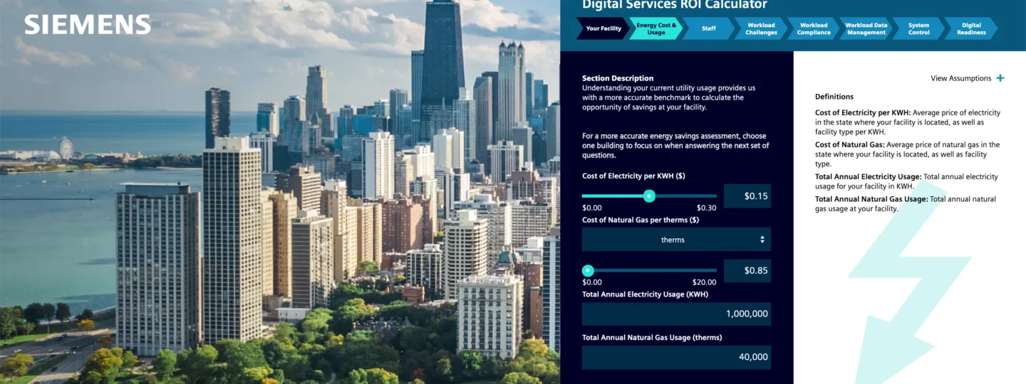 Siemens Digital Services interactive ROI calculator for evaluating the potential financial and operational benefits of industrial digital solutions.
