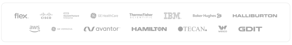 Logos of leading B2B companies that trust Kaon, including Thermo Fisher Scientific, GE, Cisco IBM, Halliburton, GDIT, Wesco, Flex, Hewlett Packard Enterprise, and Baker Hughes.