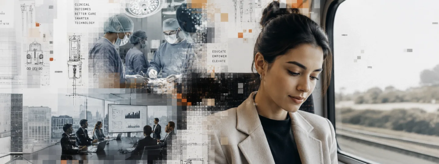 Business professional viewing information on a smartphone while traveling, representing AI-powered, personalized buyer experiences that deliver relevant product content anytime and anywhere.