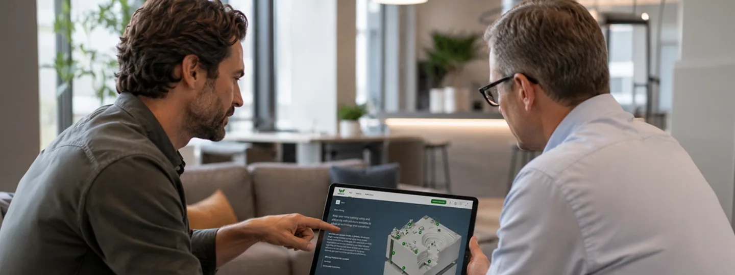 Sales team using an interactive product demonstration to explain complex solutions.