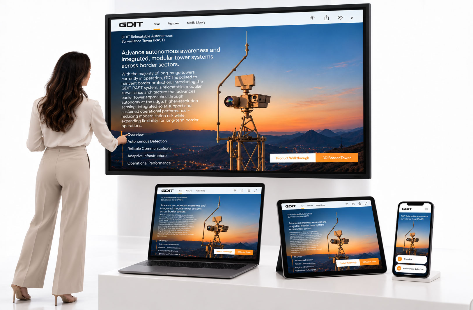 GDIT interactive 3D product experience displayed across touchscreen, laptop, tablet, and mobile devices.