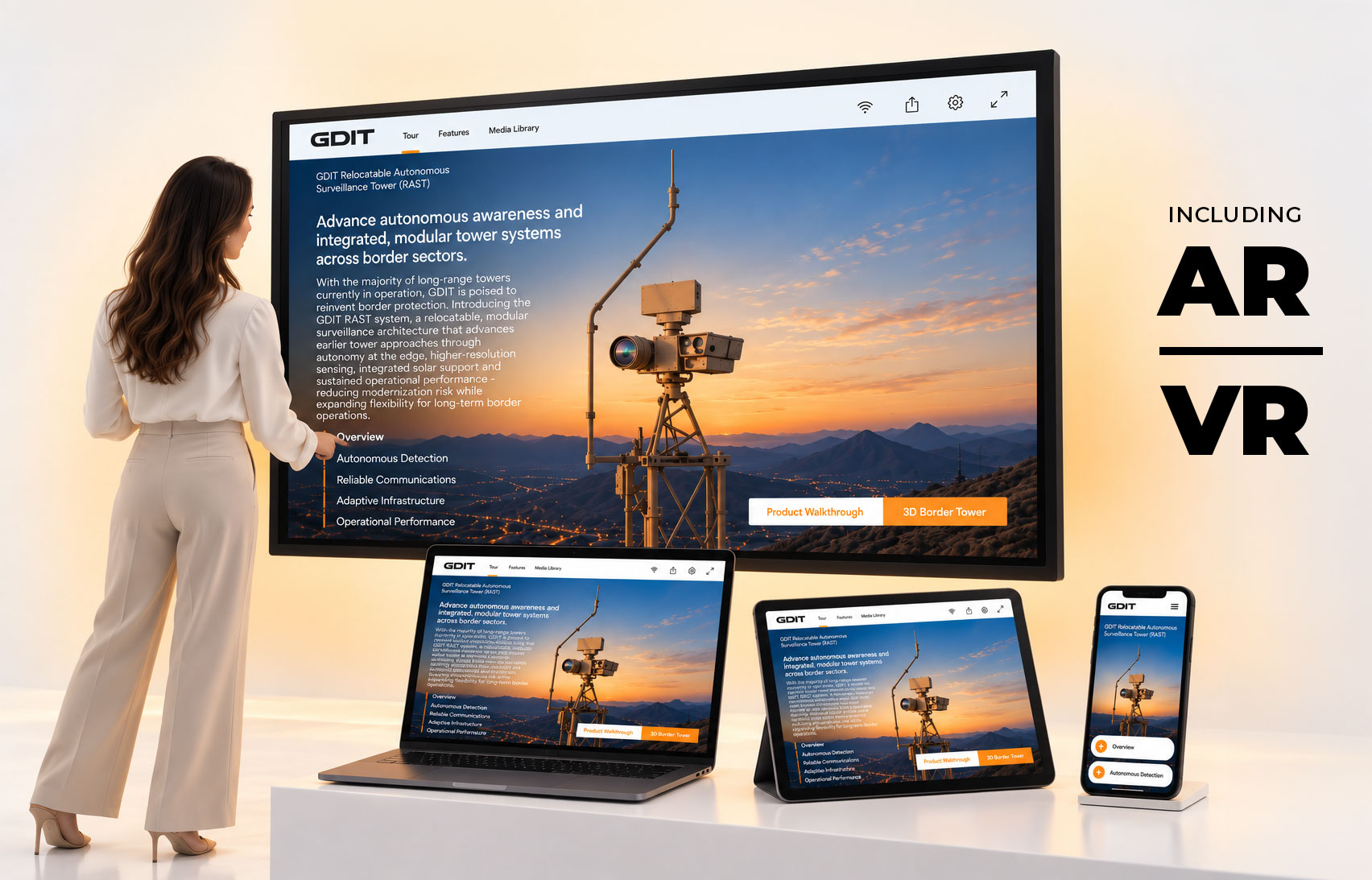 Kaon Interactive cross-platform 3D product experience for GDIT displayed on a large screen, laptop, tablet, and smartphone, with AR and VR capabilities.