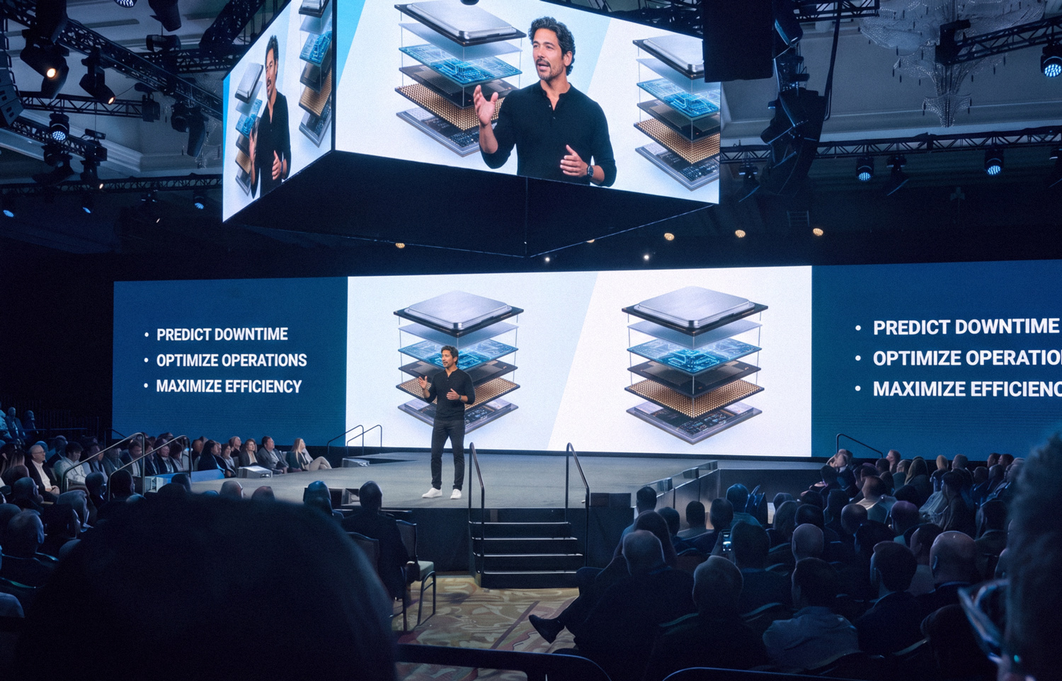 Presenter uses interactive 3D product visualization to explain complex industrial equipment to a large audience.