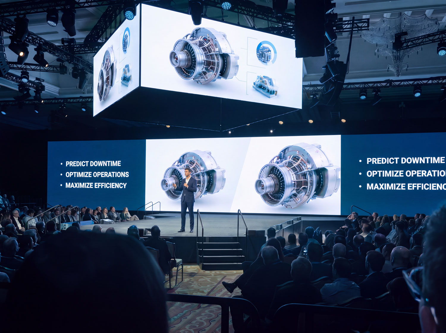 Presenter uses interactive 3D product visualization to explain complex industrial equipment to a large audience.