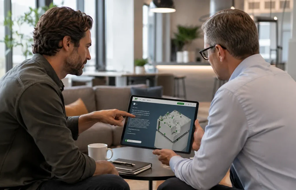 B2B sales meeting using interactive digital product experiences to demonstrate complex solutions to buyers.