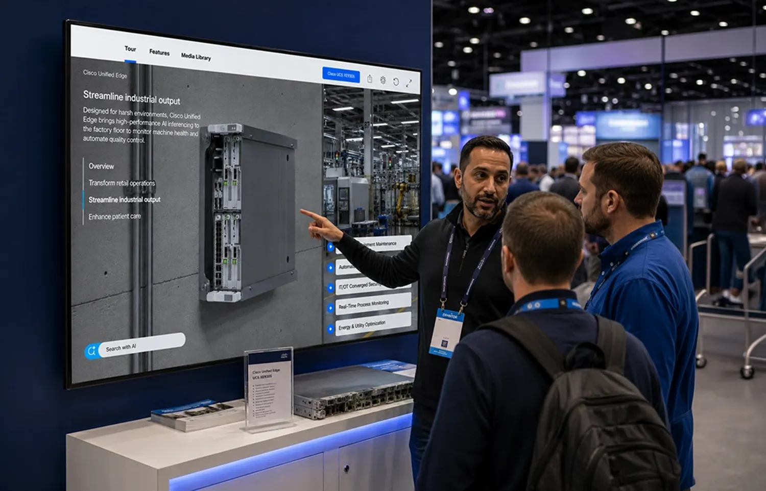 Interactive digital product experience engaging B2B buyers at a trade show or industry event.
