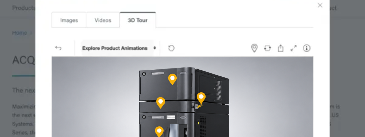 Waters interactive 3D product visualization showcasing laboratory equipment and product capabilities.